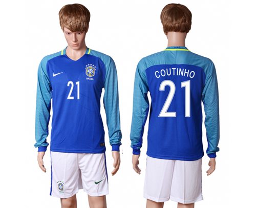 Brazil #21 Coutinho Away Long Sleeves Soccer Country Jersey - Click Image to Close